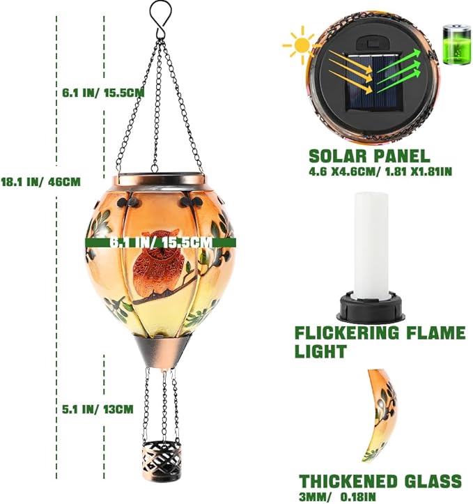 Hot Air Balloon Solar Lantern - Owl Stained Glass Lantern Simulated Flickering &amp Dancing Flame Outdoor Hanging Yard Light Waterproof IP65 for Patio Lawn Porch Decor Gift