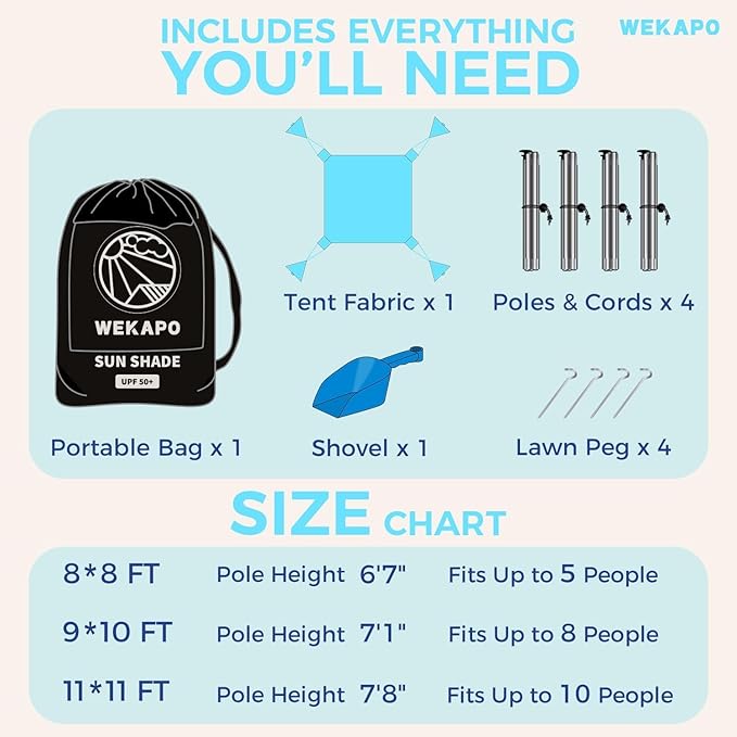 WEKAPO Beach Tent Sun Shelter - Easy Setup Beach Canopy with 4 Sturdy Poles Large Sandbags and Shovel 7'1'' Tall Windproof Sun Shade for Backyard and Camping UPF 50+ Protection