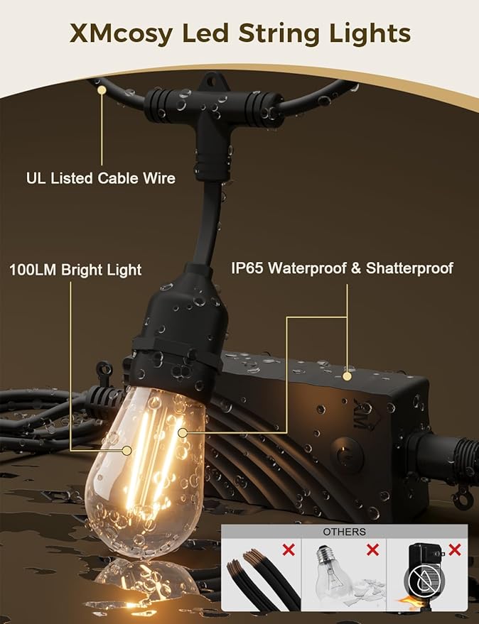 XMCOSY+ Smart Outdoor String Lights 123Ft LED Patio Lights Waterproof IP65 App Control Compatible with Alexa Dimmable Edison Bulbs Outdoor Light for Yard Porch Bistro Outside