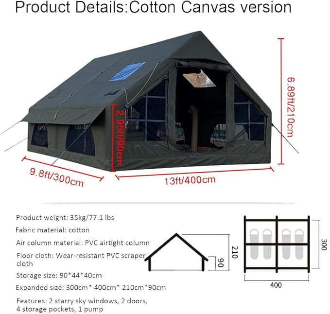 UNISTRENGH Waterproof Inflatable Cotton Camping Tent with Hand Pump Pop Up Outdoor 5-8 Person Glamping Tent House Breathable Large Luxury Tent