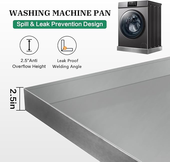 Washing Machine Pan Heavy Duty 27x25 Inch Washer Drain Pan 304 Stainless Steel Washing Machine Tray for Floor Protection Leak Proof Washer Pan Tray (27X25X2.5)