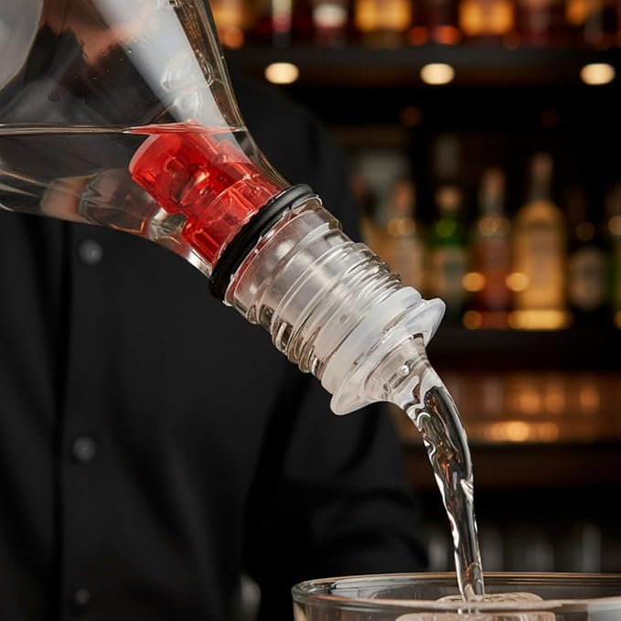 TrueCraftware- 1 oz Measured Liquor Pourer with Red Tail &amp No Collar Acrylonitrile Set of 12- Cocktail Shot Dispenser Liquor Bottle Pourers Alcohol Liquor Pourers Bar Bartender Accessories