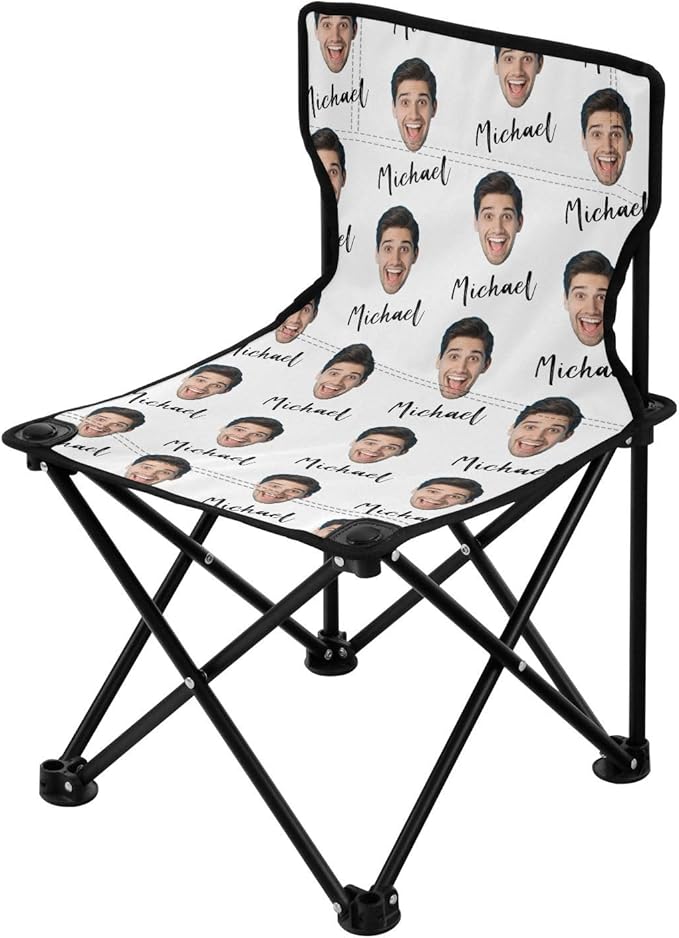 Sinestour White Custom Photo Folding Camping Chair for Teen Child Personalized Name 14.6×14.6in Portable Outdoor Chair with Carry Bag for Picnic Barbeques Beach