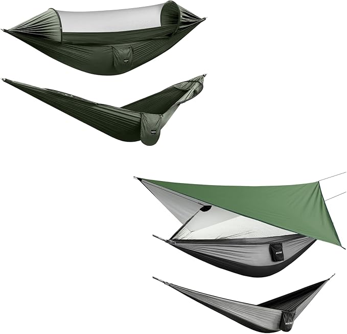 G4Free Large Camping Hammock with Mosquito Net 2 Person Pop-up Parachute Lightweight Hanging Hammocks + G4Free Camping Hammock with Net and Rain Fly 2 Person Lightweight Portable Hammock Tent
