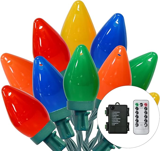 50LED C7 Multicolor Christmas Lights Battery Operated with 8 Mode Remote Control 27.5FT 50pcs Twinkle C7 Light Bulbs for Colorful Christmas Tree Lights &amp Home Porch Yard Lawn Decorations