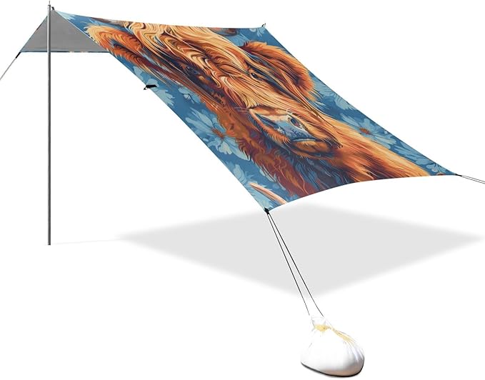 Highland Cow Beach Tent Sun Shelter 9.2' x 10.5' Beach Canopy with 4 Sandbags 4 Stability Poles Sand Shovels - Tent Canopy for Beach Camping Fishing Picnics
