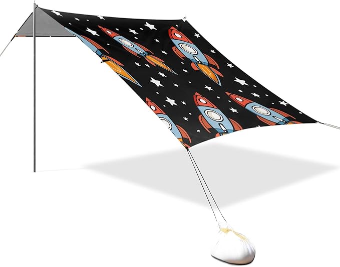 Spaceship Cartoon Character Seamless Pattern Camping Sun Shelter Beach Tent Portable Beach Sun Shade Outdoor Canopy for Camping Trips Fishing Picnic