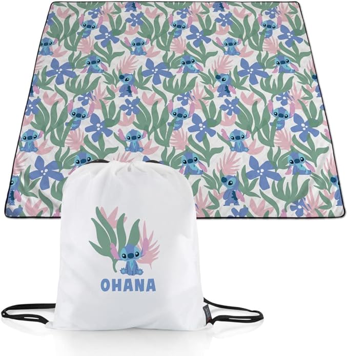 Picnic TIME Disney Lilo and Stitch Impresa Picnic Blanket Lightweight Folding Beach Blanket with Carry Backpack Machine Washable Water Resistant Fleece Picnic Mat (Black and White)