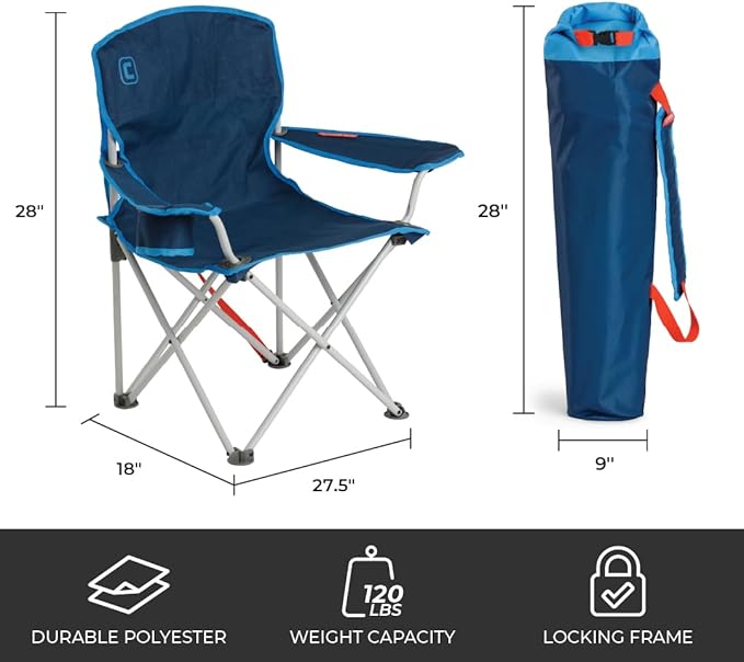 CORE Youth Quad Chair | Folding Chair with Cupholder for Indoor Home or Outdoor Camping | Perfect for Concert Seat Sports Beach Travel &amp Picnic (Blue)