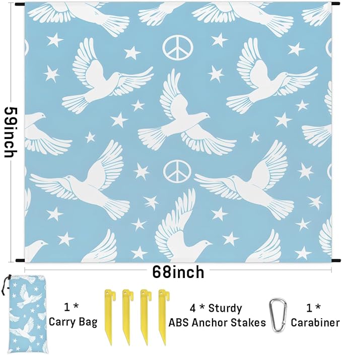 Waterproof Sandproof Beach Blanket 59''×68'' Peace Dove Polyester Outdoor Picnic Blanket with 4 Stakes &amp Storage Bag for BeachCampingVacation Lake Blue