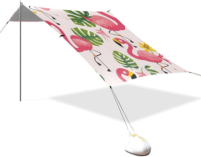 Flamingo Cute Cartoon Leaf Flower Camping Sun Shelter Beach Tent Portable Beach Sun Shade Outdoor Canopy for Camping Trips Fishing Picnic