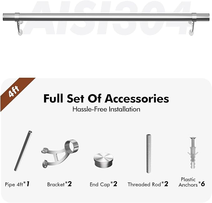 4ft Bar Foot Rail Kit Stainless Steel 304 with 2 inch O.D Railing Brackets Hardware Side Mount Foot Railing for Undercounter Home Kitchen Island Restaurant Indoor Outdoor