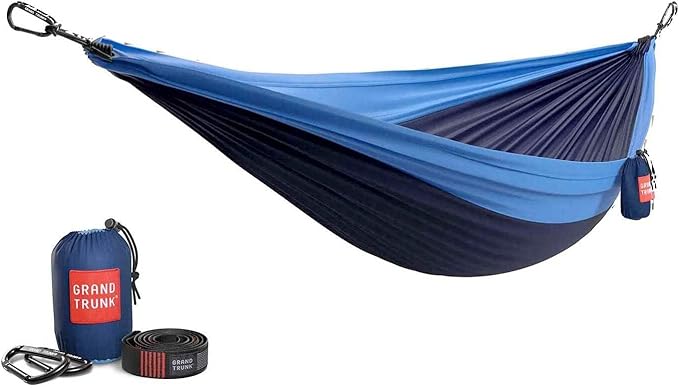 GRAND TRUNK TrunkTech Double Hammock | Ultra-Strong &amp Lightweight | 11 ft Hammock with Ripstop Nylon | 500 lb Capacity | Fast-Drying &amp Weather-Resistant | Navy/Light Blue