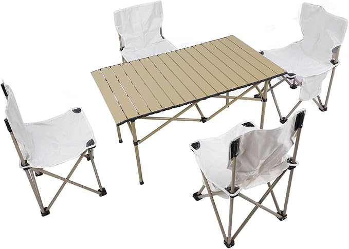 Camping Folding Table Chairs Set Aluminum Alloy Portable Ergonomic 330.7lb Load Bearing Stable Camping Long Table Chairs for Outdoor Picnic