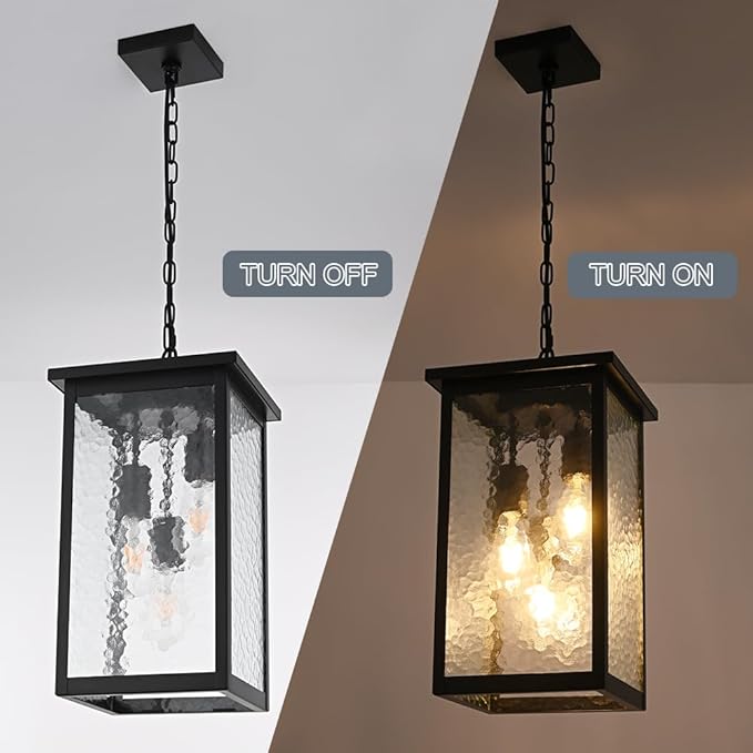 TODOLUZ Large 3-Light Outdoor Pendant Light Fixture Exterior Hanging Porch Lighting with Hammered Glass Adjustable Long Chain &amp E26 Bulb Base