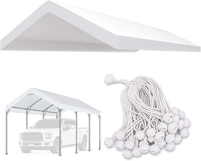 Carport Replacement Canopy Cover for 12 x 20 feet Car Tent Top Garage Shelter Cover Tarp with Ball Bungees (Only Top Cover Frame Not Include (12 x 20' White)