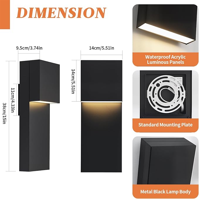 tewei Modern LED Outdoor Wall Sconce 15'' 20W Outdoor Light Fixture Exterior Wall Lights Black LED Front Porch Lights Outside Wall Mount Lighting for House Backyard Warm White 3000K 1 Pack