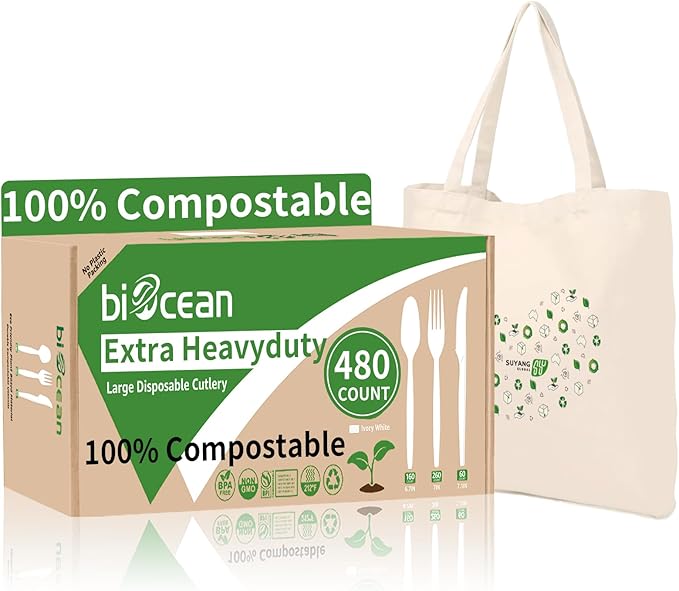 Extra Heavyduty Compostable Cutlery Set No Plastic Forks Spoons Knives Disposable Utensils Biodegradable Fork Eco Friendly Silverware Serving Flatware for PartyBBQDaily UseEventsPicnic