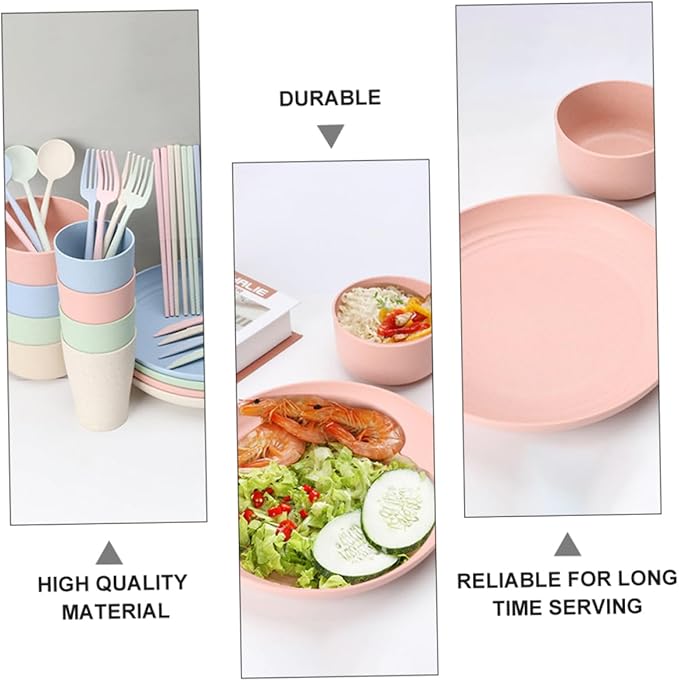 ABOOFAN 28-Piece Wheat Straw Cutlery Set Bowls Plates Cups Forks Spoons and Chopsticks Lightweight Dishwasher Safe Tableware for Home and Camping