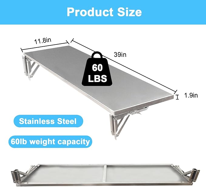 Folding Concession Shelf 36 x 12 Inch Stainless Steel Drop Down Serving Shelf Wall Mounted Folding Shelf for Food Truck Window &amp Concession Stand