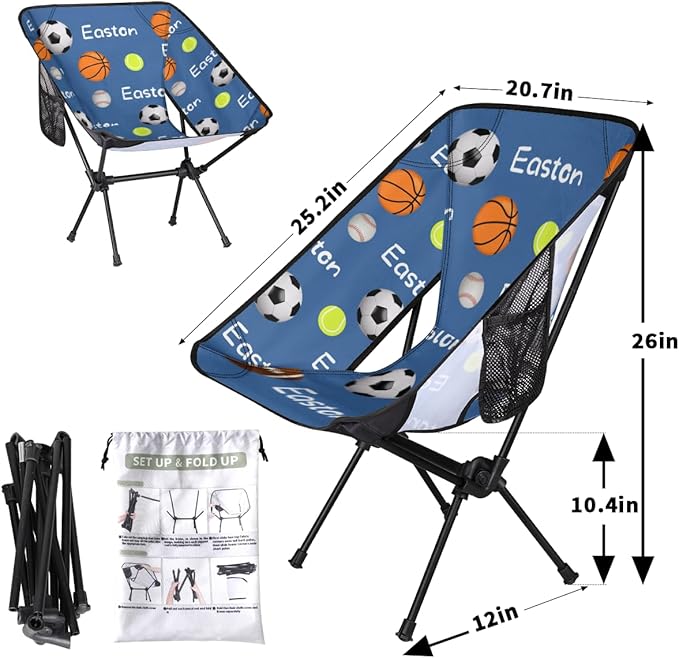 Custom Camping Chair Personalized Portable Backpacking Chair with Name Lightweight Folding Chair for Beach Hiking Ball Theme