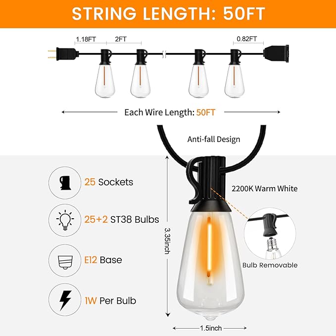 LED Outdoor String Lights 50ft ST38 Waterproof Patio Lights with 25 Vintage Shatterproof Bulbs(2 Spare) Dimmable Outside Hanging Edison String Lights for Backyard Porch Balcony Decor Warm White