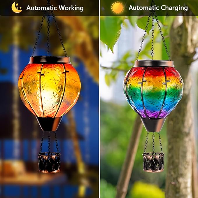 DREAMSOUL 2 PCS Rainbow Solar Hot Air Balloon Lantern with Flame Metal &amp Glass Solar Lanterns Outdoor Waterproof for Lawn Patio Tree Decor