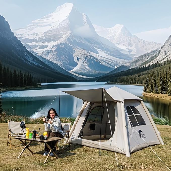 Automatic Inflatable Camping Tent Quick Setup Tent with Electric Air Pump Easy Set up 3-4 Person Blow Up Tents for 4 Seasons Waterproof Windproof Inflatable Tent for Camping