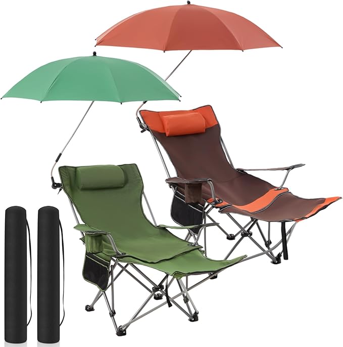 2 Set Reclining Camping Chair with Umbrella Clamp Adjustable Beach Chair with Foot Rest SPF 50+ Folding Shade Camping Lounger Recliner for Adult Outdoor(OrangeGreenOxford)