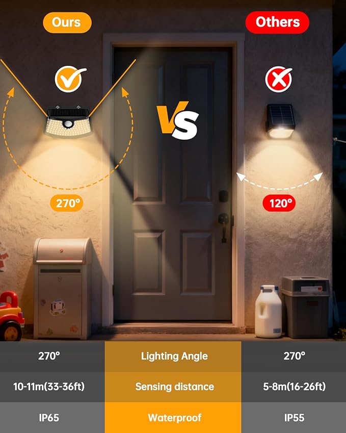 Aootek New Solar Motion Sensor Lights 120 LEDs with Lights Reflector270° Wide Angle IP65 Waterproof Step Lights for Front Door Yard Garage Deck (Black Warm White 4-Pack)