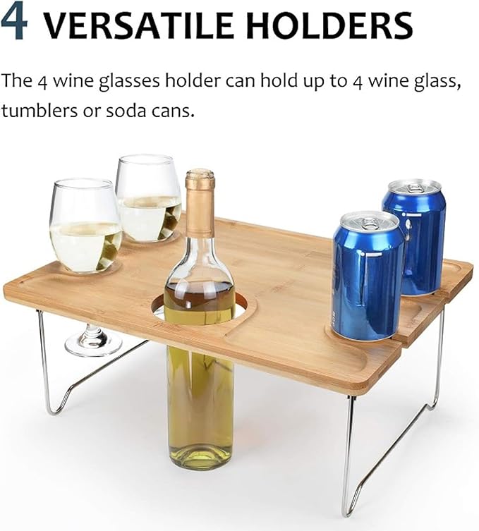 eBigValue Portable Bamboo Picnic Table with Wine Glass &amp Bottle Holder – Folding Snack Tray for 4 Outdoor Camping Beach Travel
