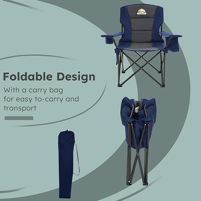 Oversized Camping Chairs 2 Pack - 450lbs Support Heavy Duty Folding Camp Chair Wide Portable Outside Collapsible Chairs with Carry BagCoolerCup Holder for OutdoorLawnSportsBaseballSoccer-Navy