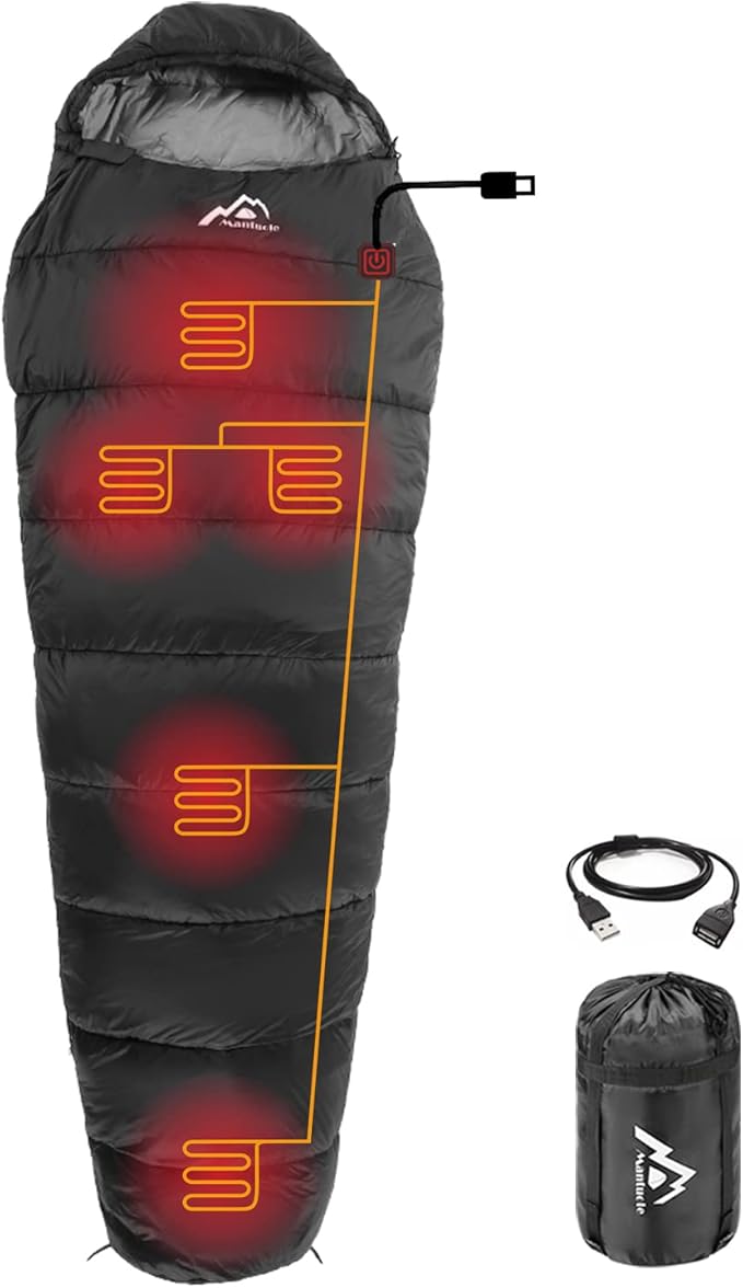 Heated Sleeping Bag 5pcs Multi USB Power Support Heating PadsOperated with Battery Power Bank or Other USB Power Supplies Portable Compact Bag Mummy Style.