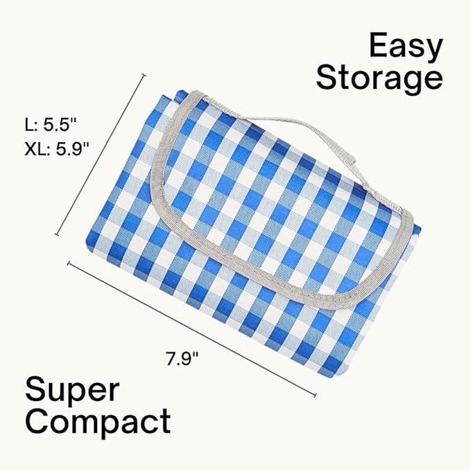 Cute Gingham Picnic Blanket Waterproof Foldable in Large 80x60in and Extra Large 80x80in Portable Compact Beach Blanket Oversized XL Outdoor Mat (Blue X-Large)