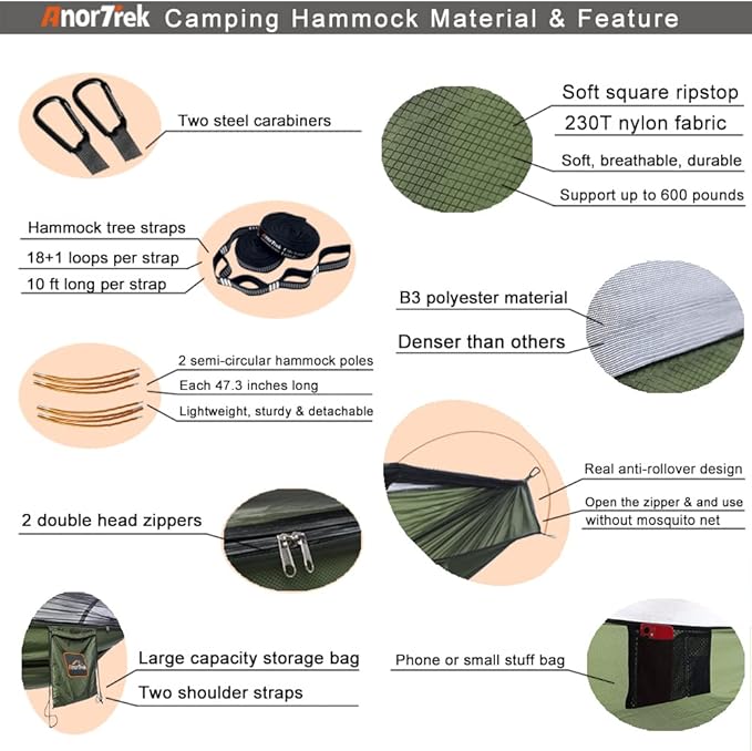 Camping Hammock with Mosquito Net and Rain Fly Tarp Portable Double Hammock with Two Tree Straps 230T Nylon Hammock and Waterproof Rain Fly Set for Hiking Backpacking Overnight (Green)