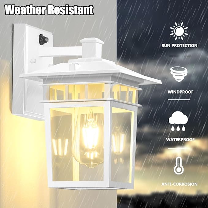 Compact Dusk to Dawn Outdoor Lighting Fixtures Wall Mount Sensor Exterior Wall Lights for House Anti Rust Porch Light White Sconce Lamp Waterproof Wall Lantern for Doorway Garage 2-Pack