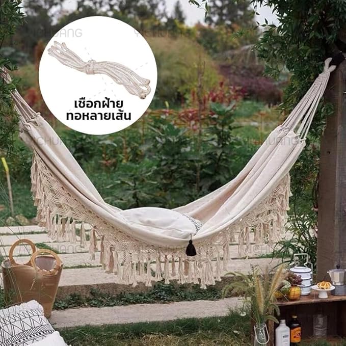 เปลยวน Double Hammock Swing with Fringe Tassels | Portable Indoor Outdoor Canvas Bed for Patio Deck Bedroom | Large Two Person Camping Travel Lounger | Storage Bag &amp Ropes Included