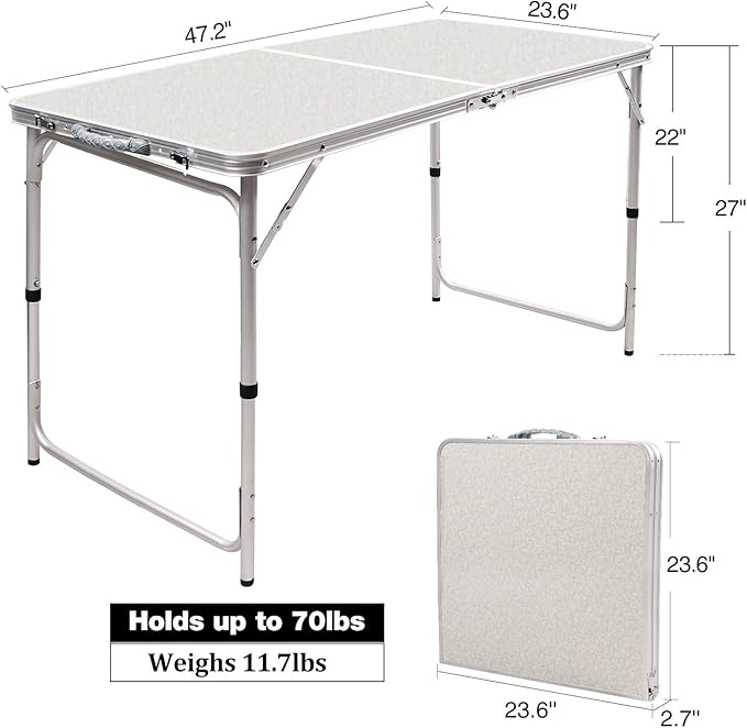 RedSwing 4ft Aluminum Camping Table 48x24 Inch Portable Folding Table with Adjustable Height Lightweight for Outdoor Picnic Beach BBQ Camping &amp Indoor Use