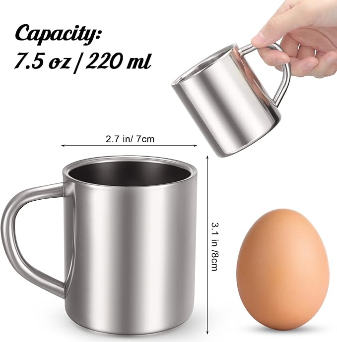 Cunhill 4 Set Small Stainless Steel Coffee Mug 7.5oz/220ml Metal Double Walled Cups Camping Mug with Handle Dishwasher Safe Tea Cups for Camping Travel Outdoors Rv Keep Drinks Hot
