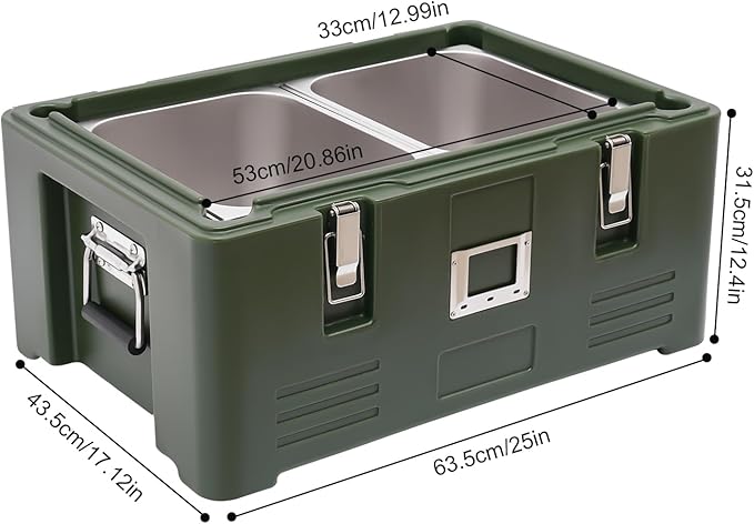 Insulated Food Pan Carrier Box with 2 Food Pans 31.7Qt Hot Cold Storage Container for Catering Camping Outdoor Picnics Green