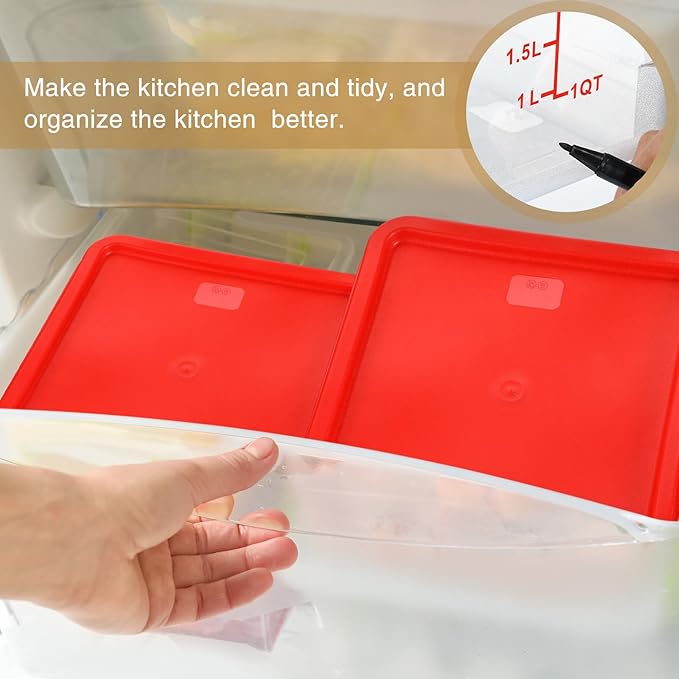 Suclain 2 Pcs Square Food Storage Container Polycarbonate Clear Food Container with Lid Commercial Rice Storage with Graduations for Commercial Kitchen(2 Qt4 QtRed)