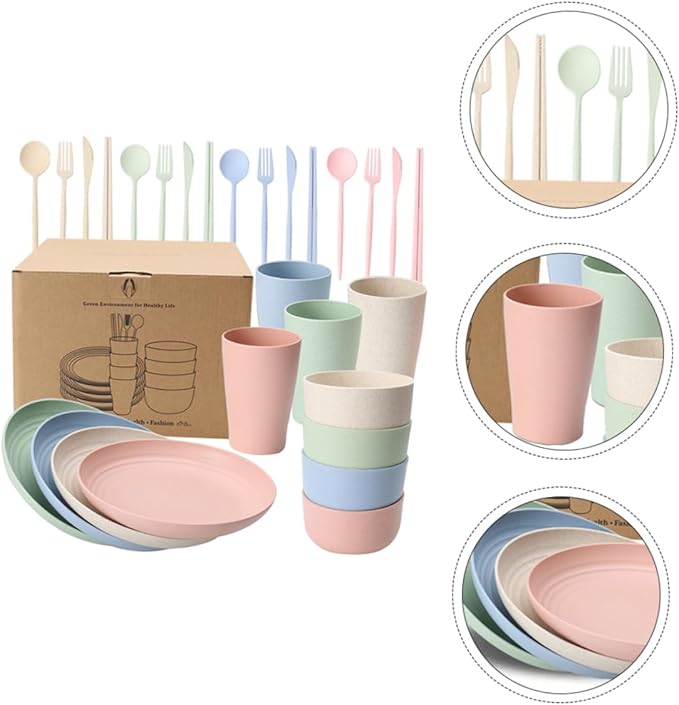 ABOOFAN 28-Piece Wheat Straw Cutlery Set Bowls Plates Cups Forks Spoons and Chopsticks Lightweight Dishwasher Safe Tableware for Home and Camping