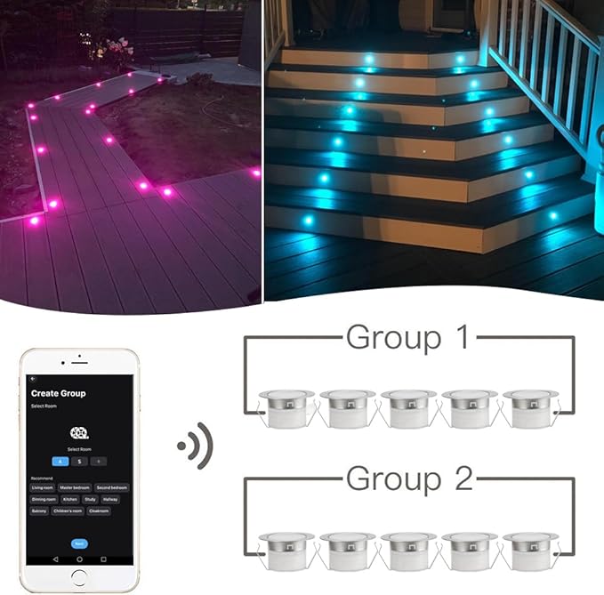 Sumaote Smart WiFi LED Deck Lights 30 Pack APP Control RGB Outdoor Lighting for Patio Deck Steps Landscape Φ1.22 Low Voltage 12V Recessed Deck Lights Waterproof IP67 Google Home Timer