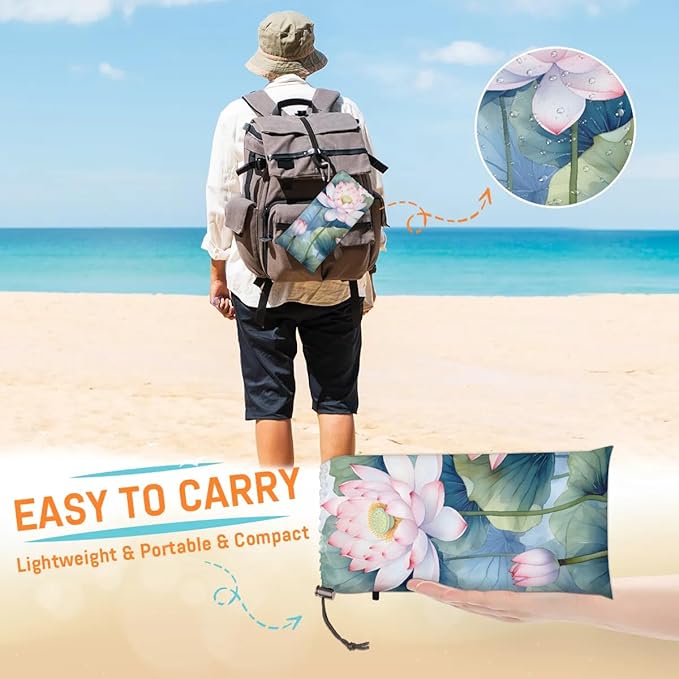 Lotus Flowers Leaf Lightweight Beach Blanket Waterproof Sandproof 59X68 Sand Free Beach Mat with 4 Stakes Compact Outdoor Blanket for Beach Quick Drying Picnic Mat for Travel Camping