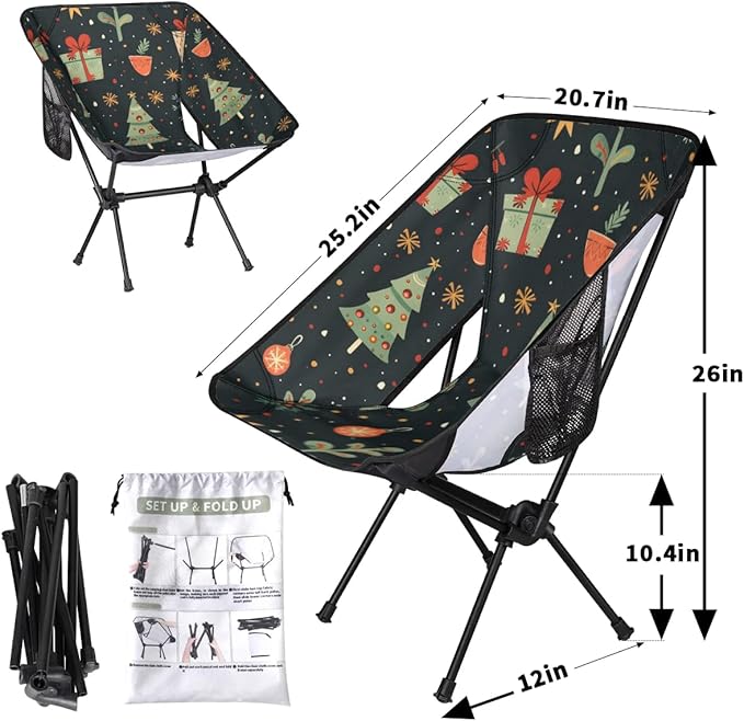 Portable Camping Chair Retro Xmas Tree Ultralight Folding Camping Chair Backpacking Hiking Chair with Cup Holder for Outdoor Travel Beach Picnic Festival Compact Portable 176 lbs Capacity