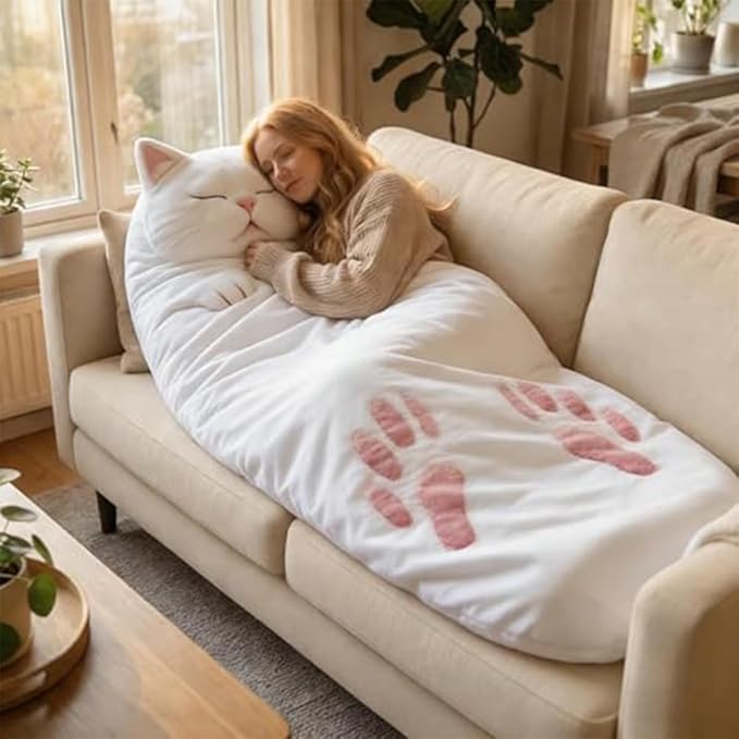 Cat Sleeping Bag for Human Fluffy Cat Sleeping Bag for Adults 3D Full Wrap Warm and Comfortable Machine Washable Adorable Cats Envelope Sleeping Bed for Indoor Travel Camping Beach