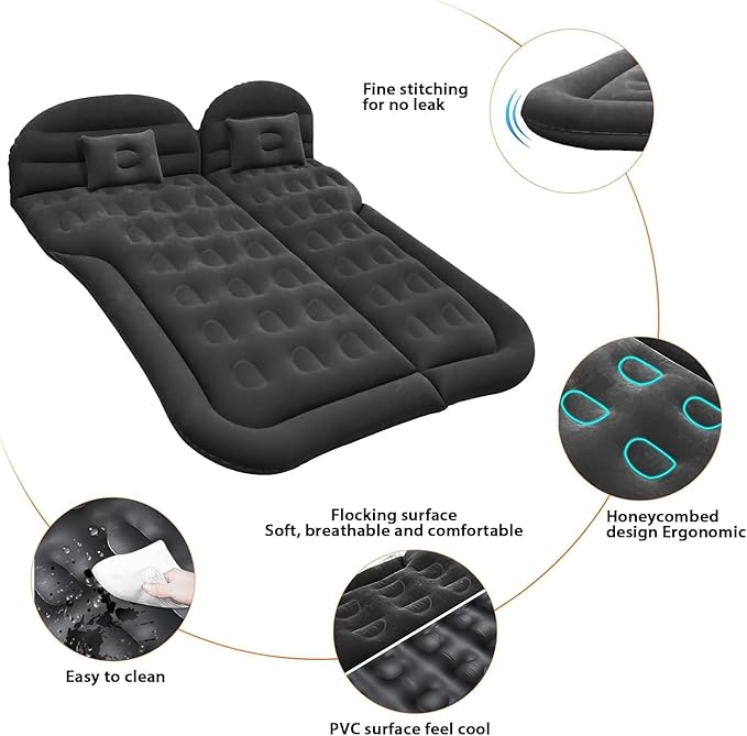 Vikuces® SUV Air Mattress Car Camping Travel Bed Car Air Mattress Back Seat BedThickened Inflatable Mattress with Two Air Pillow Full Size Blow Up Sleeping Pad(Black)