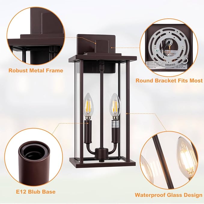 2-Pack 16 Large Outdoor Wall Light Fixtures 2-Light Exterior Front Porch Light Brushed Outdoor Sconce Lights Waterproof Farmhouse Lamp Lighting (Bronze 16in No Sensor)