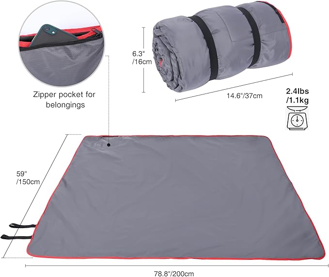 REDCAMP Large Waterproof Stadium Blanket for Cold Weather Soft Warm Fleece Camping Blanket Windproof for Outdoor Sports Blue/Red (Outer Grey/Inner Black)