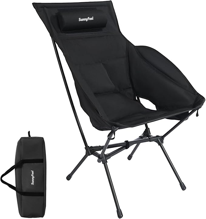 SUNNYFEEL Lightweight Backpacking Chair Oversized Wider Cotton-Padded Camping Chair Portable High Back Folding Chair with Adjustable Pillow for Hiking Heavy-Duty 330 Pound Capacity Black